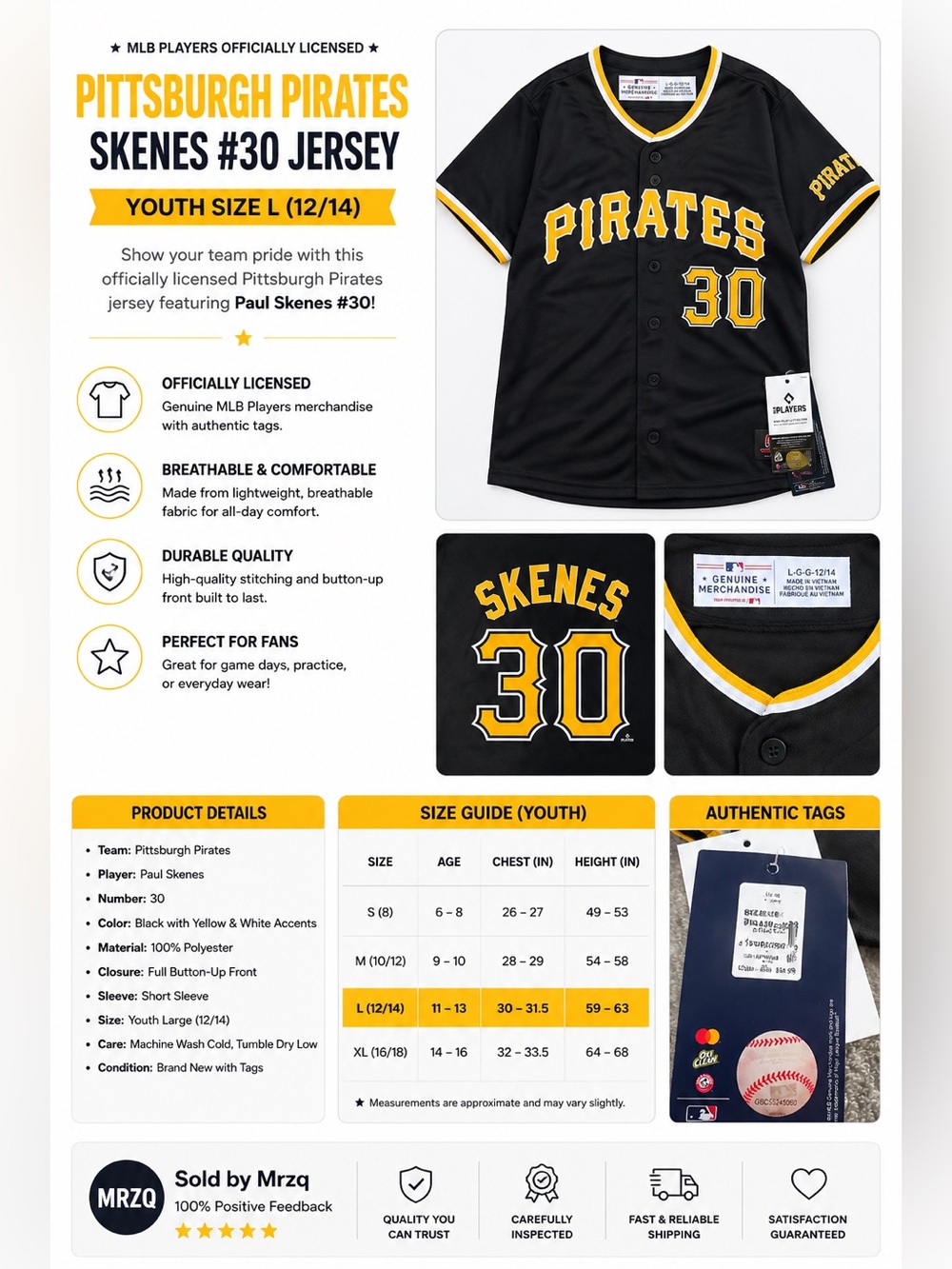 Paul Skenes Youth Jersey - Black/Yellow (Size L 12/14)